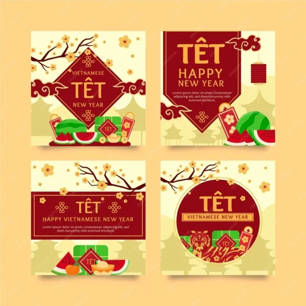 Mẫu bao lì xì hiện đại, sử dụng họa tiết hoa đào cách điệu, phối màu đỏ vàng tươi tắn.