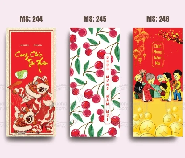 Mẫu bao lì xì truyền thống, hình ảnh ông thần tài, chữ Phúc Lộc Thọ nổi bật.
