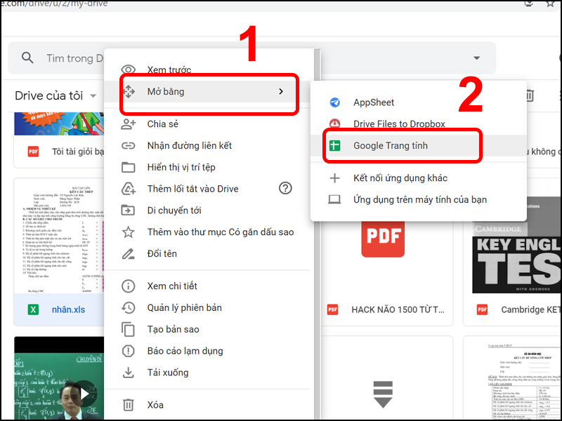 Mở tệp bằng Google Trang tính