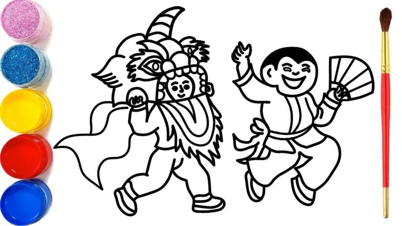 tranh tô màu trung thu múa lân cho bé